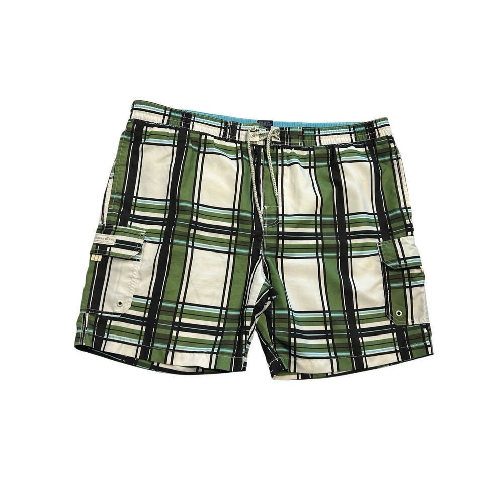 Caribbean Joe Mens XL Swim Trunks Green Plaid Cargo Shorts Mesh Lined